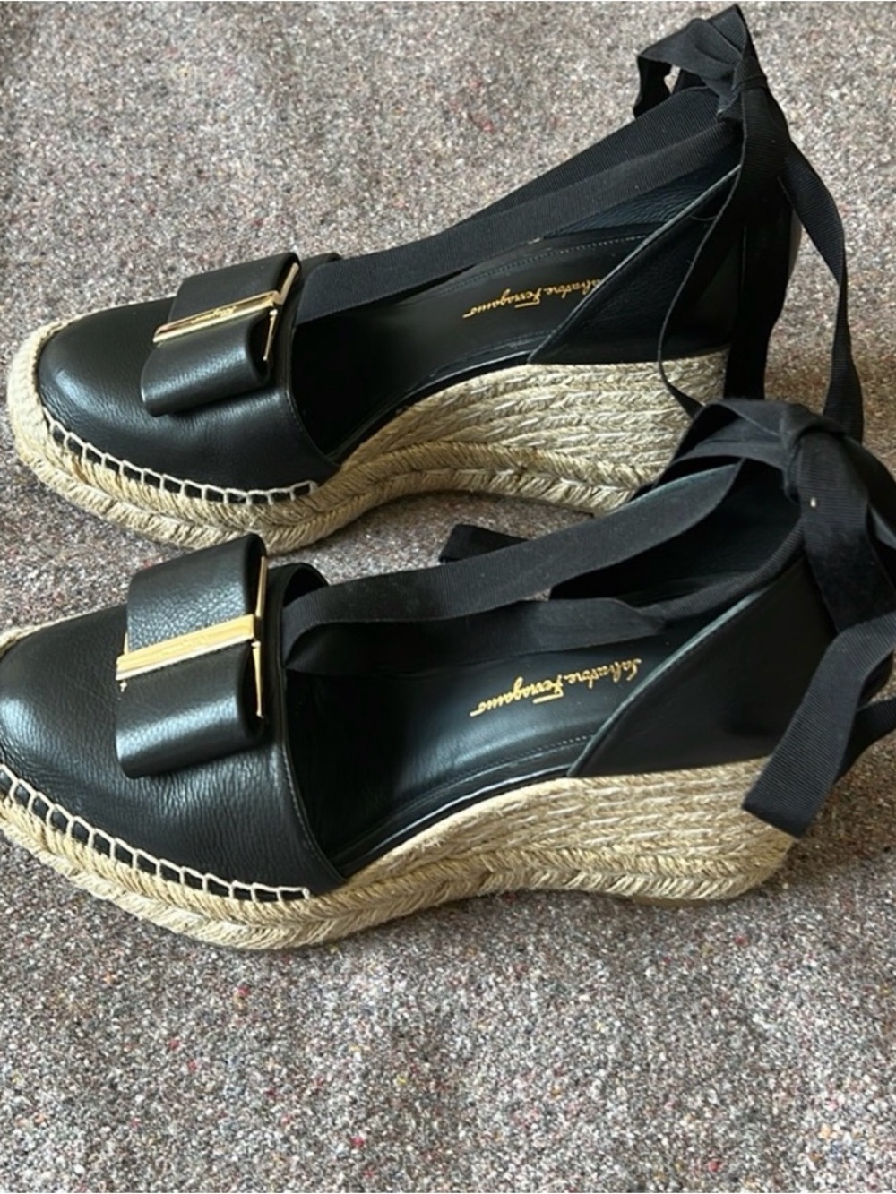Salvatore Ferragamo Black Leather Geranio Espadrille Wedges with Ribbon Tie - Picture 5 of 10